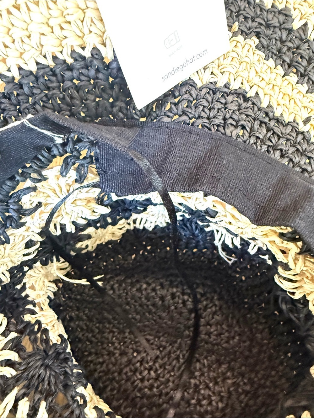 Four Buttons San Diego Hat Co Crochet Sun Hat Wide Brim Black Tan Striped NWT - Picture 12 of 14